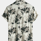 Beige Floral Print Washed Ink Effect Casual Short Sleeve Shirt
