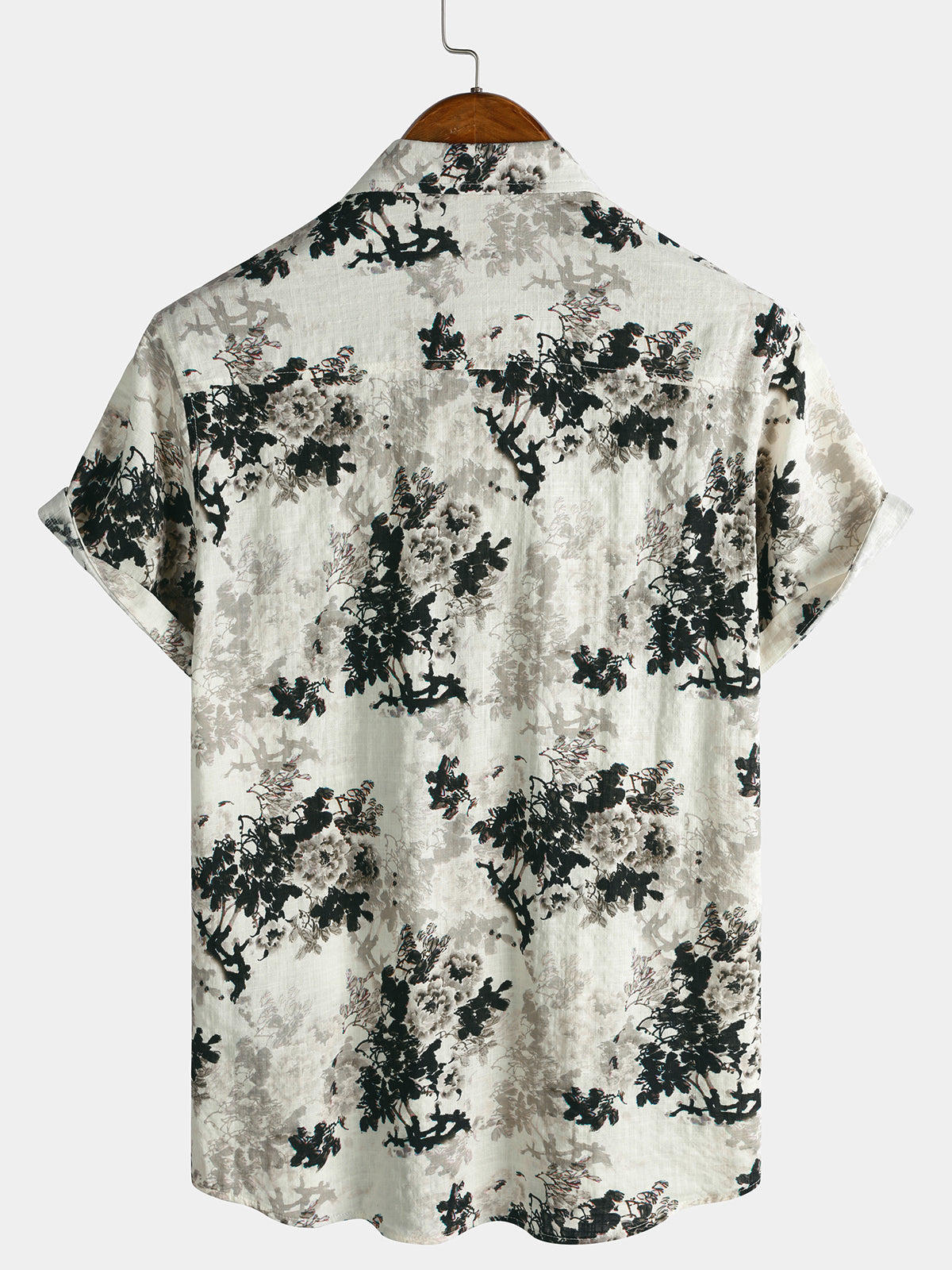 Beige Floral Print Washed Ink Effect Casual Short Sleeve Shirt