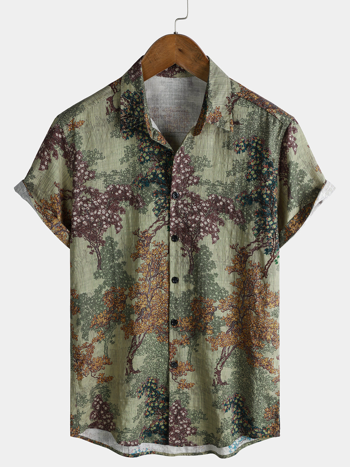 Green Vintage Relaxed Forest Print Short Sleeve Shirt