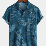 Blue Watercolor Floral Print Casual Short Sleeve Shirt