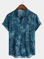Blue Watercolor Floral Print Casual Short Sleeve Shirt