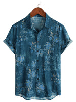 Cotton Casual Shirt with Short Sleeves, Watercolor Floral Pattern in Blue for Men