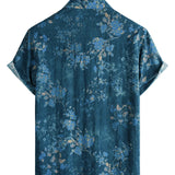 Cotton Casual Shirt with Short Sleeves, Watercolor Floral Pattern in Blue for Men