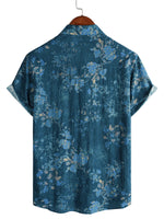 Cotton Casual Shirt with Short Sleeves, Watercolor Floral Pattern in Blue for Men