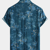 Blue Watercolor Floral Print Casual Short Sleeve Shirt