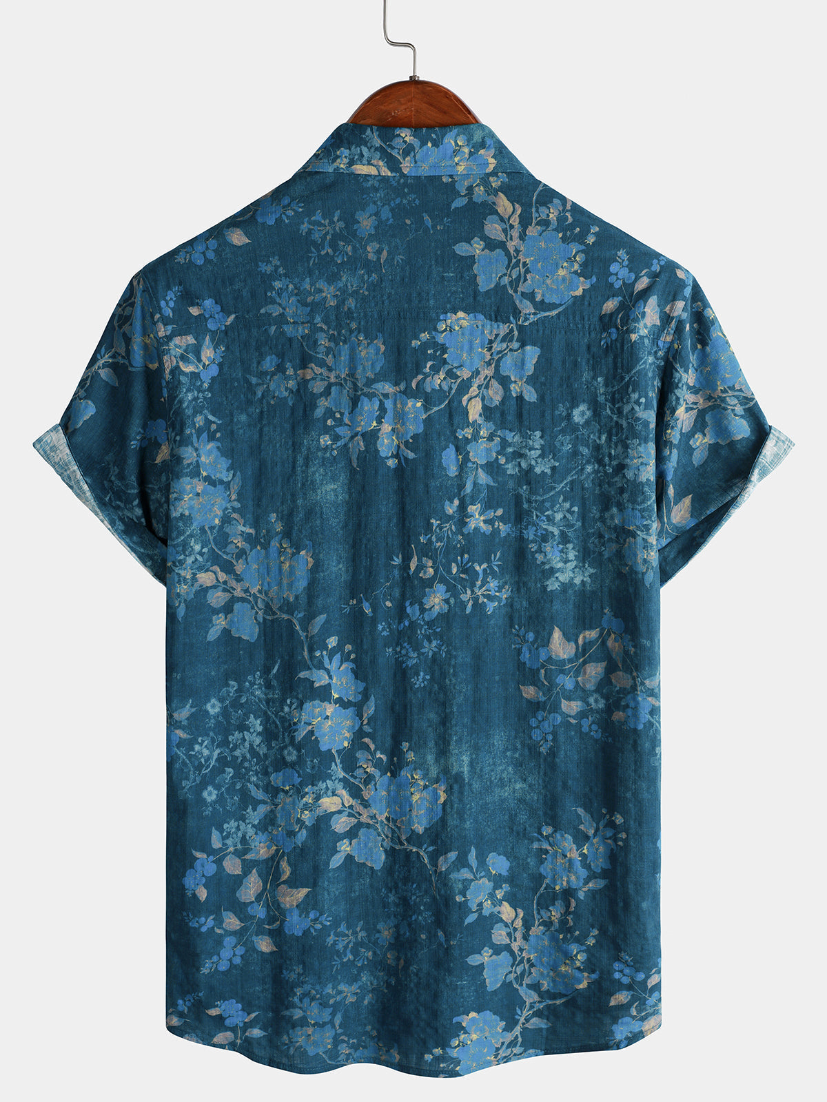 Blue Watercolor Floral Print Casual Short Sleeve Shirt