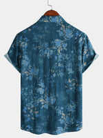 Blue Watercolor Floral Print Casual Short Sleeve Shirt