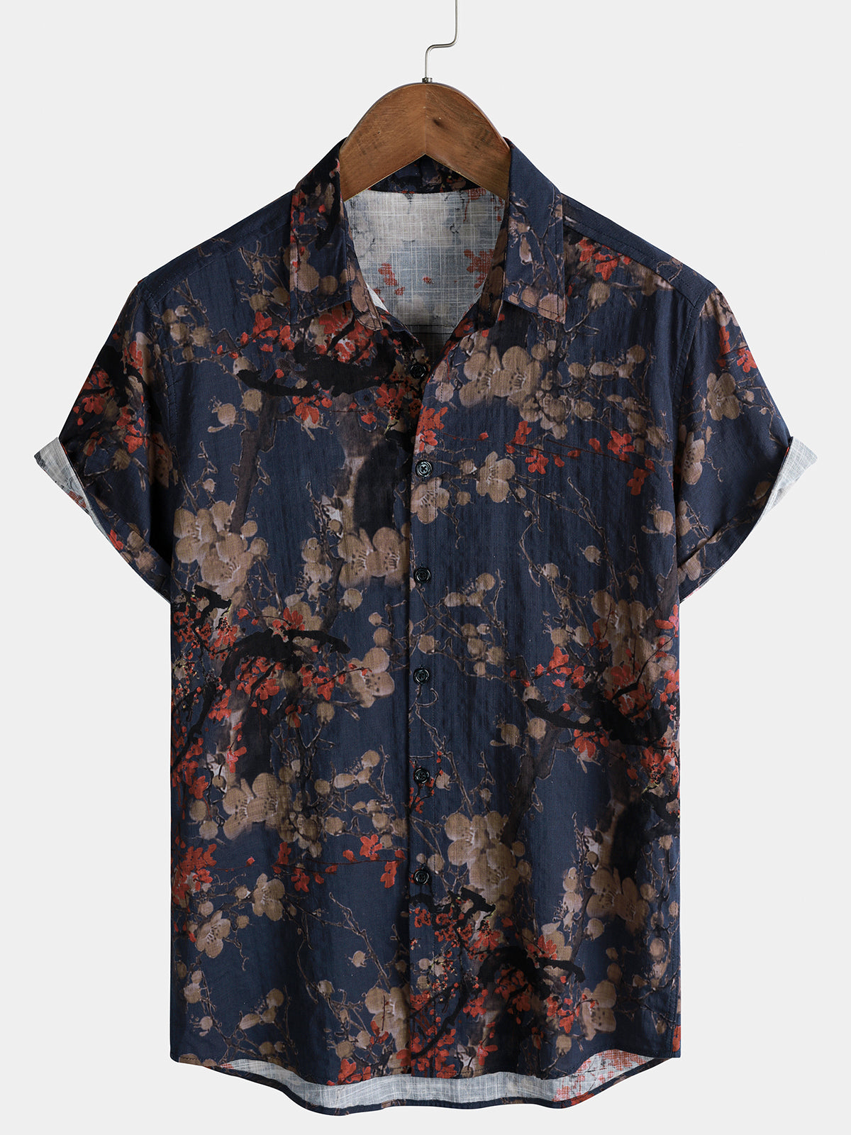 Navy Artistic Floral Print Casual Short Sleeve Shirt