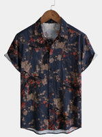Navy Artistic Floral Print Casual Short Sleeve Shirt