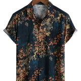 Cotton Casual Shirt with Short Sleeves, Abstract Floral Pattern in Navy for Men