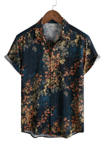 Cotton Casual Shirt with Short Sleeves, Abstract Floral Pattern in Navy for Men