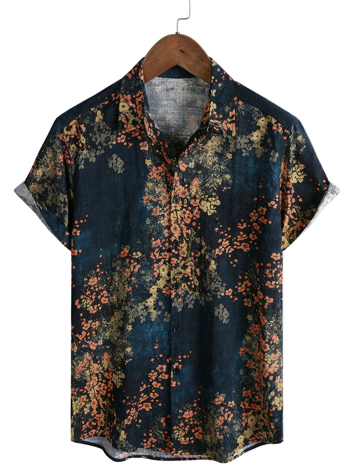 Cotton Casual Shirt with Short Sleeves, Abstract Floral Pattern in Navy for Men