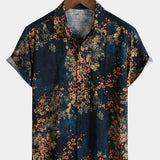 Navy Abstract Floral Print Casual Short Sleeve Shirt