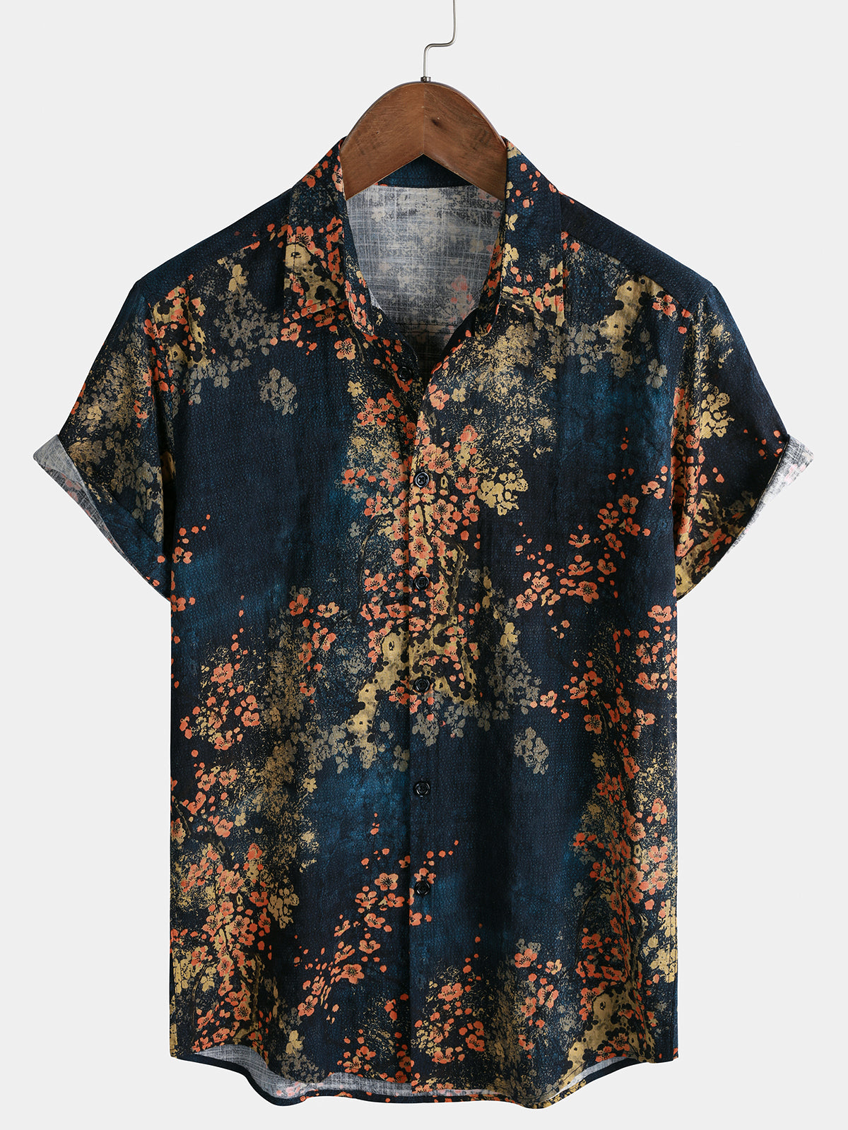Navy Abstract Floral Print Casual Short Sleeve Shirt