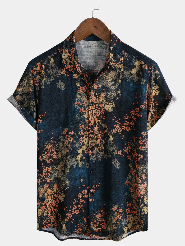 Navy Abstract Floral Print Casual Short Sleeve Shirt