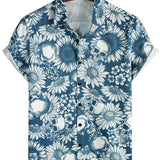 Cotton Hawaiian Shirt with Sunflower Skull Buttons for Men, Short Sleeves, Blue, Rock and Roll