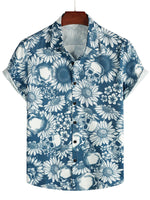 Cotton Hawaiian Shirt with Sunflower Skull Buttons for Men, Short Sleeves, Blue, Rock and Roll