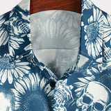 Cotton Hawaiian Shirt with Sunflower Skull Buttons for Men, Short Sleeves, Blue, Rock and Roll