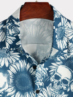 Cotton Hawaiian Shirt with Sunflower Skull Buttons for Men, Short Sleeves, Blue, Rock and Roll