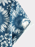 Cotton Hawaiian Shirt with Sunflower Skull Buttons for Men, Short Sleeves, Blue, Rock and Roll