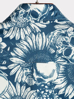 Cotton Hawaiian Shirt with Sunflower Skull Buttons for Men, Short Sleeves, Blue, Rock and Roll