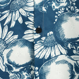 Cotton Hawaiian Shirt with Sunflower Skull Buttons for Men, Short Sleeves, Blue, Rock and Roll