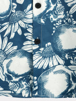 Cotton Hawaiian Shirt with Sunflower Skull Buttons for Men, Short Sleeves, Blue, Rock and Roll