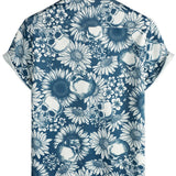 Cotton Hawaiian Shirt with Sunflower Skull Buttons for Men, Short Sleeves, Blue, Rock and Roll