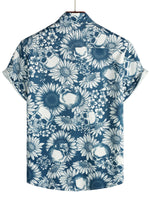 Cotton Hawaiian Shirt with Sunflower Skull Buttons for Men, Short Sleeves, Blue, Rock and Roll