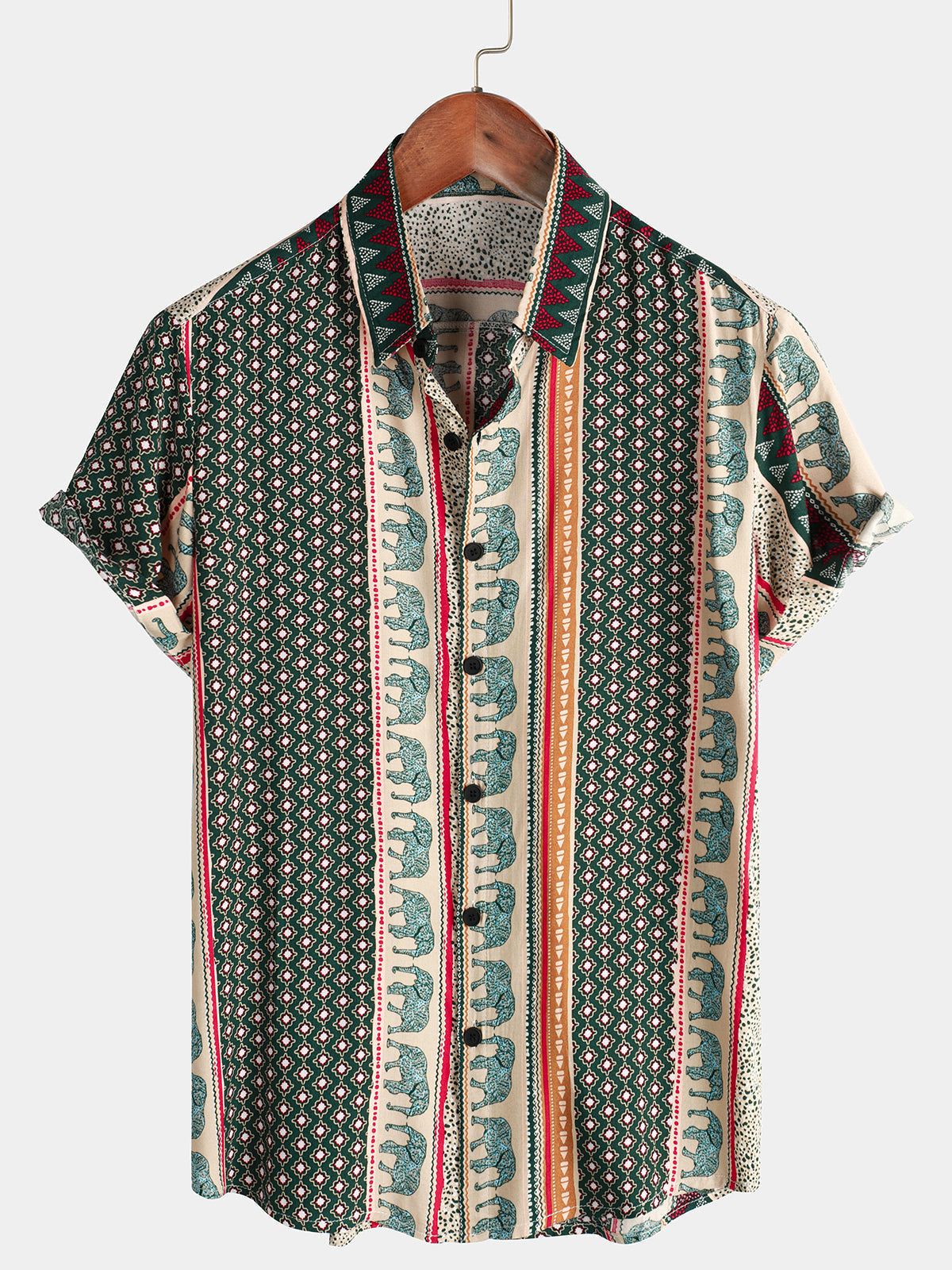 Short-Sleeve Green Striped Elephant Print Shirt