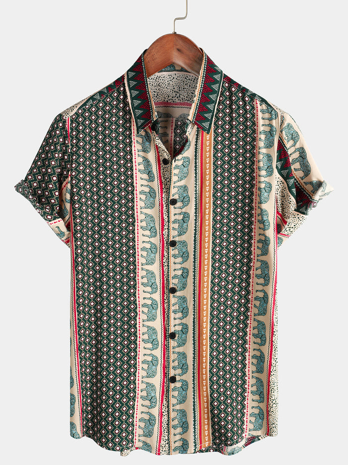 Short-Sleeve Green Striped Elephant Print Shirt
