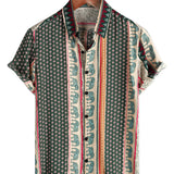 Green Striped Elephant Pattern Cotton Short-Sleeve Shirt for Men
