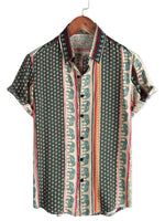 Green Striped Elephant Pattern Cotton Short-Sleeve Shirt for Men