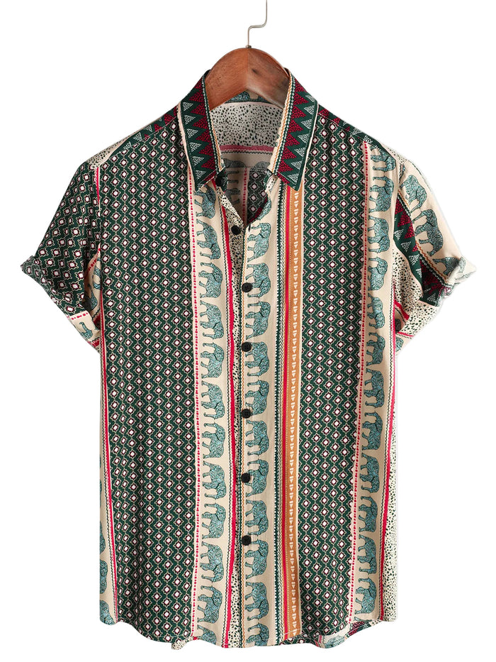 Green Striped Elephant Pattern Cotton Short-Sleeve Shirt for Men