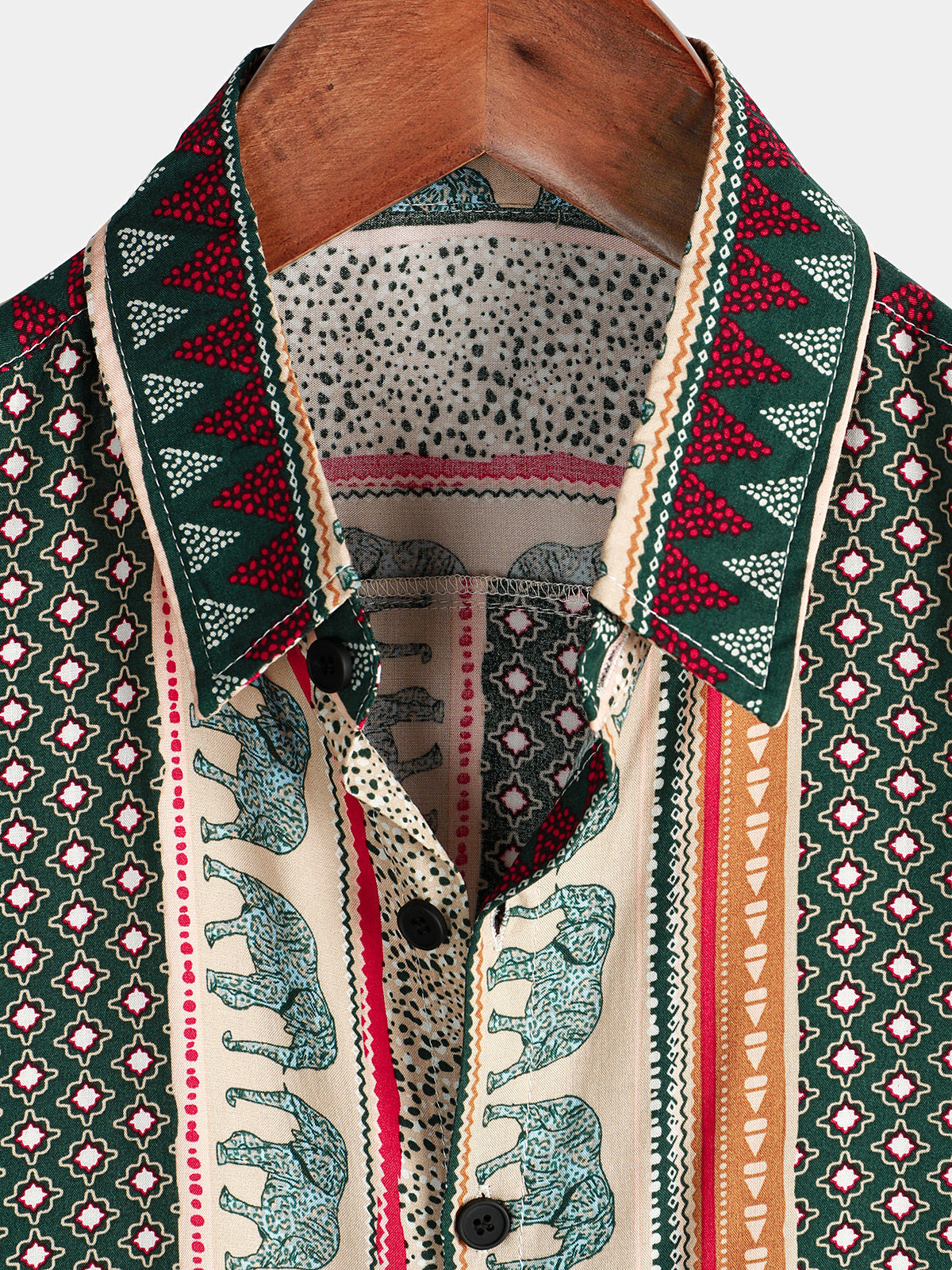 Short-Sleeve Green Striped Elephant Print Shirt