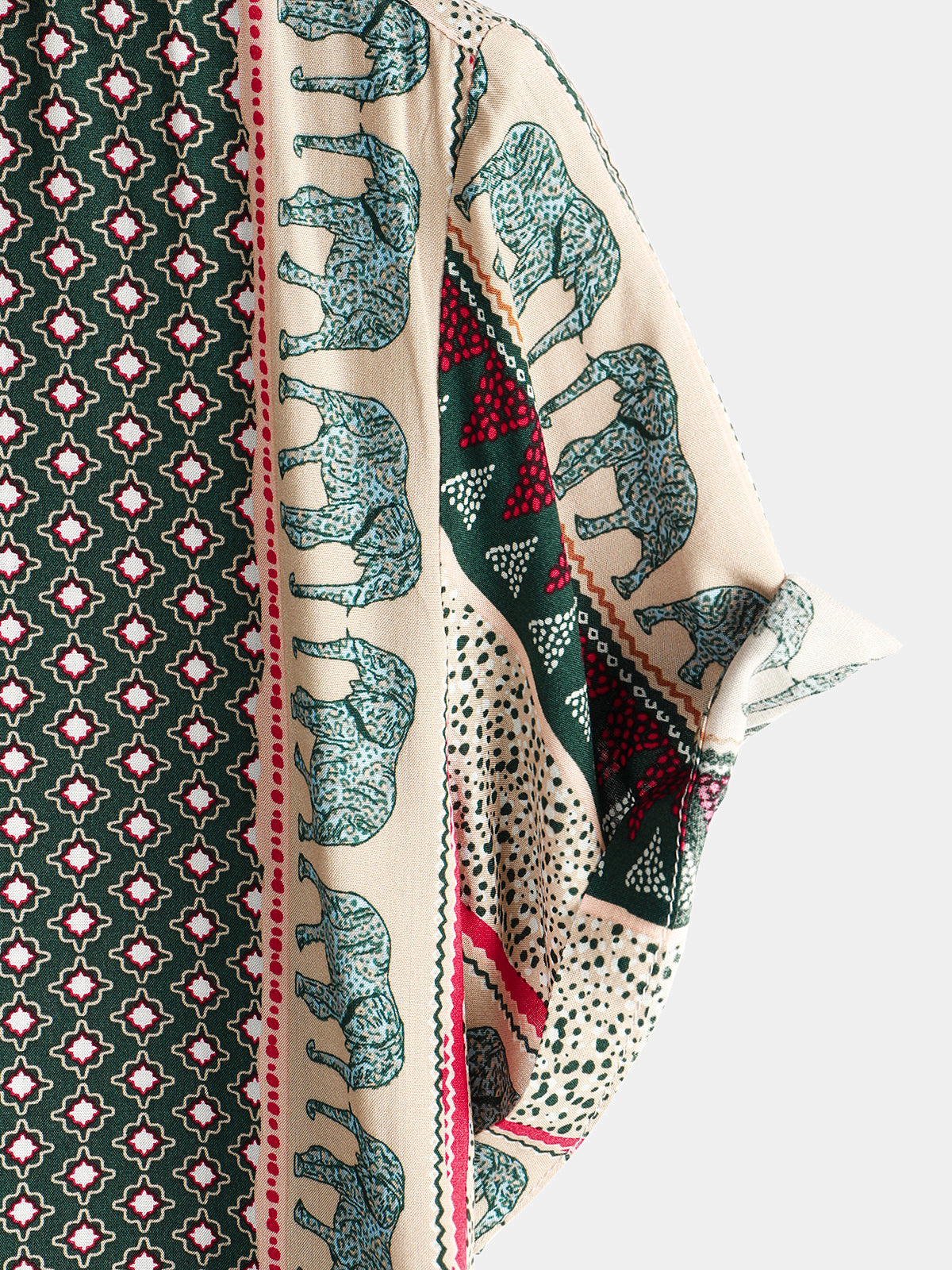 Short-Sleeve Green Striped Elephant Print Shirt