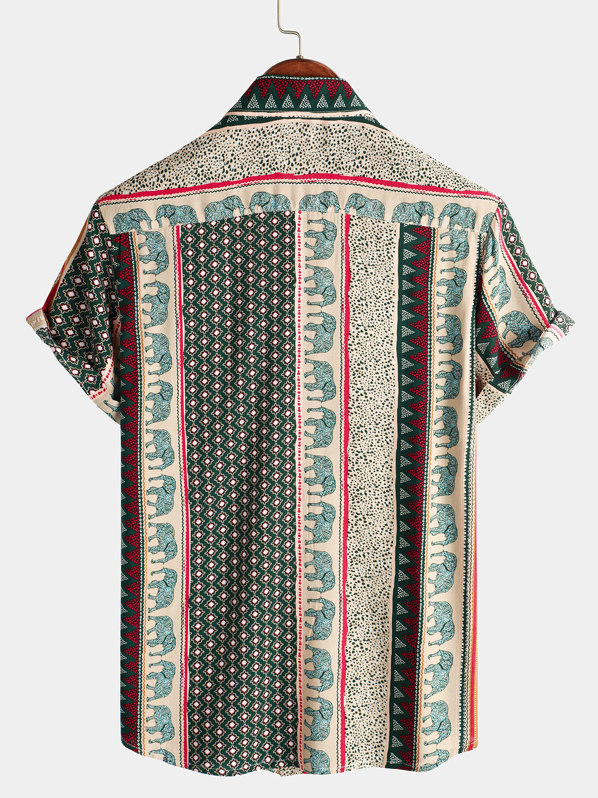Short-Sleeve Green Striped Elephant Print Shirt