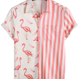 Striped Short-Sleeve Summer Shirt with Pockets and Pink Flamingo Pattern