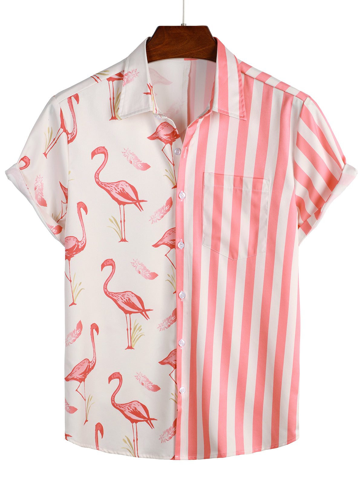 Striped Short-Sleeve Summer Shirt with Pockets and Pink Flamingo Pattern