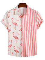 Striped Short-Sleeve Summer Shirt with Pockets and Pink Flamingo Pattern