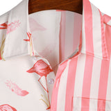 Short Sleeve Cotton Shirt with Pink Flamingo and Stripe Pattern for Men