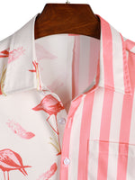 Short Sleeve Cotton Shirt with Pink Flamingo and Stripe Pattern for Men