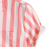 Short Sleeve Cotton Shirt with Pink Flamingo and Stripe Pattern for Men