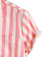 Short Sleeve Cotton Shirt with Pink Flamingo and Stripe Pattern for Men