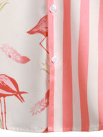 Short Sleeve Cotton Shirt with Pink Flamingo and Stripe Pattern for Men