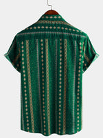 Short-Sleeve Vintage Green Striped Retro Button-Up 70s Shirt