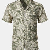 Green Resort Short Sleeve Shirt with Tropical Print Pocket