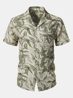Green Resort Short Sleeve Shirt with Tropical Print Pocket