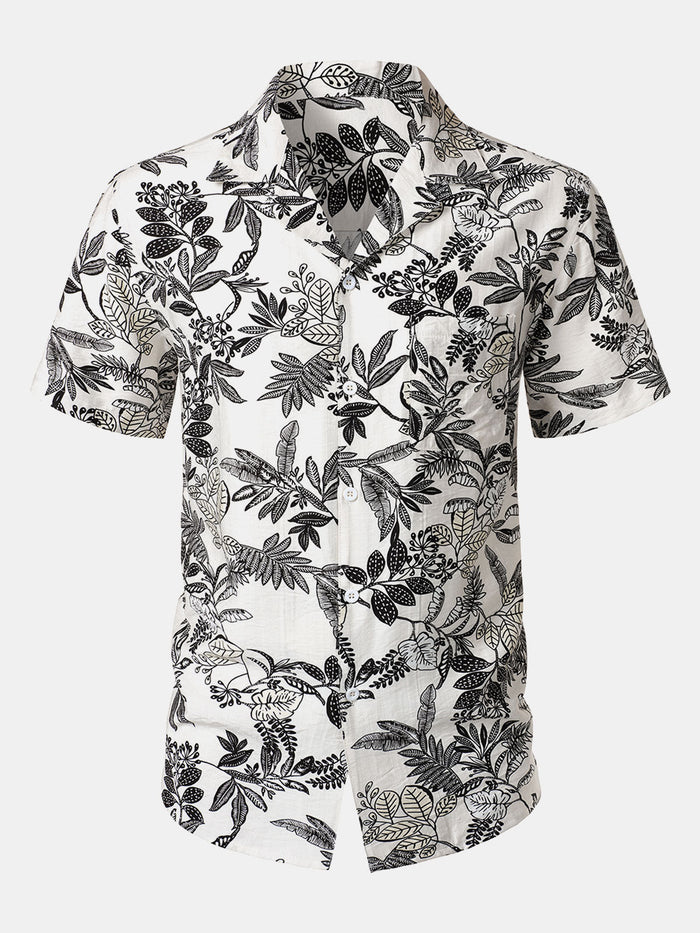 Hawaiian White Tropical Leaves Print Casual Shirt