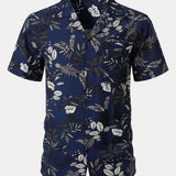 Hawaiian Navy Tropical Leaves Print Casual Shirt
